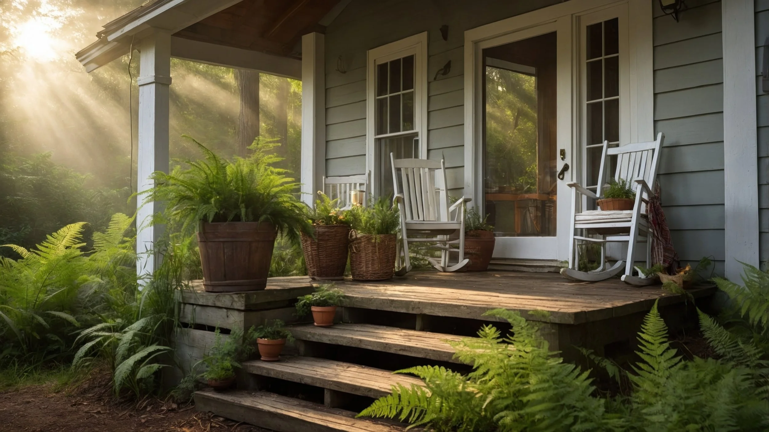 A serene porch with two white rocking chairs surrounded by lush ferns, with soft morning light filtering through the trees in gentle rays.
