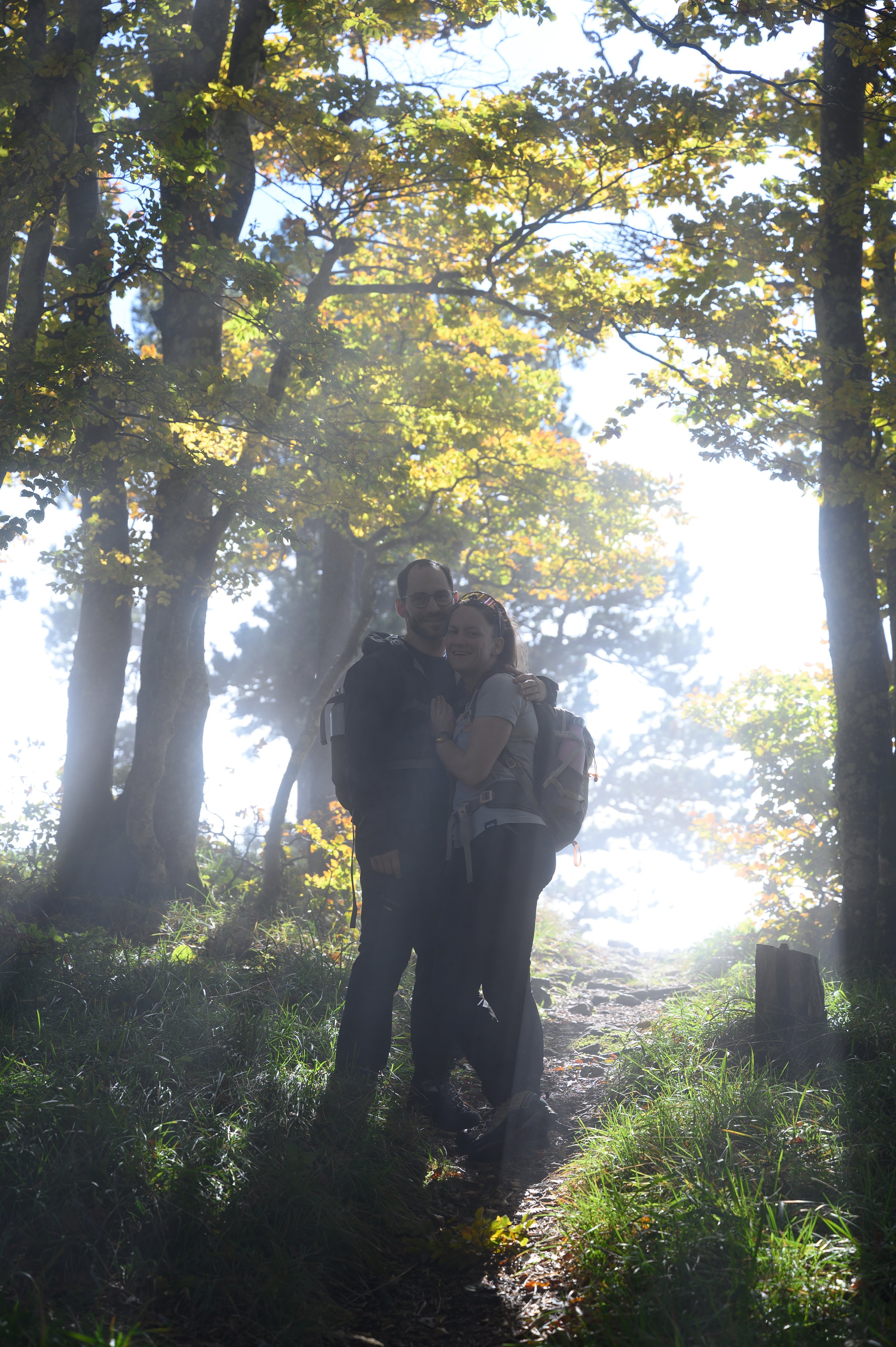 Ein Paar beim Wandern in einem bewaldeten Gebiet mit Sonnenlicht, das durch die Bäume scheint.