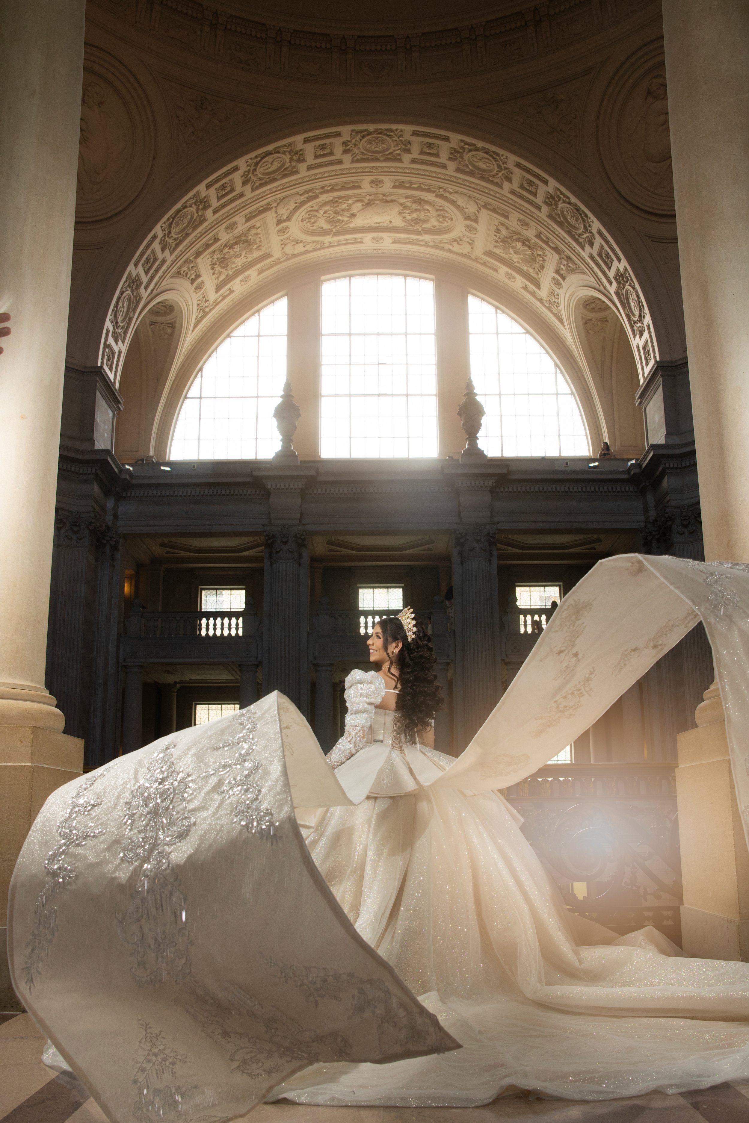 Castle theme and enchanted Quinceanera photoshoot at San Francisco Hall with stairs.jpg