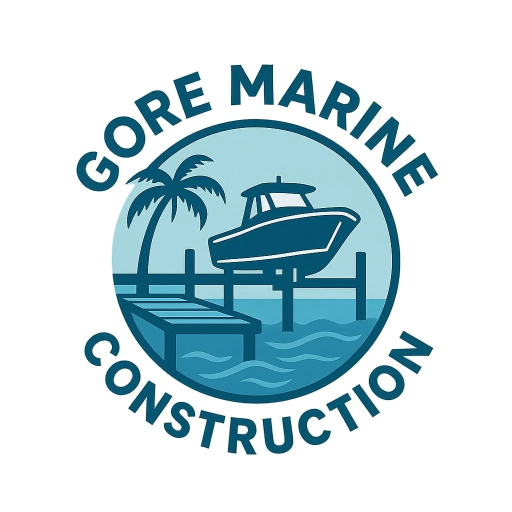 Logo with a boat docked at a pier, a palm tree, and water, with the text 'Gore Marine Construction' surrounding the image.