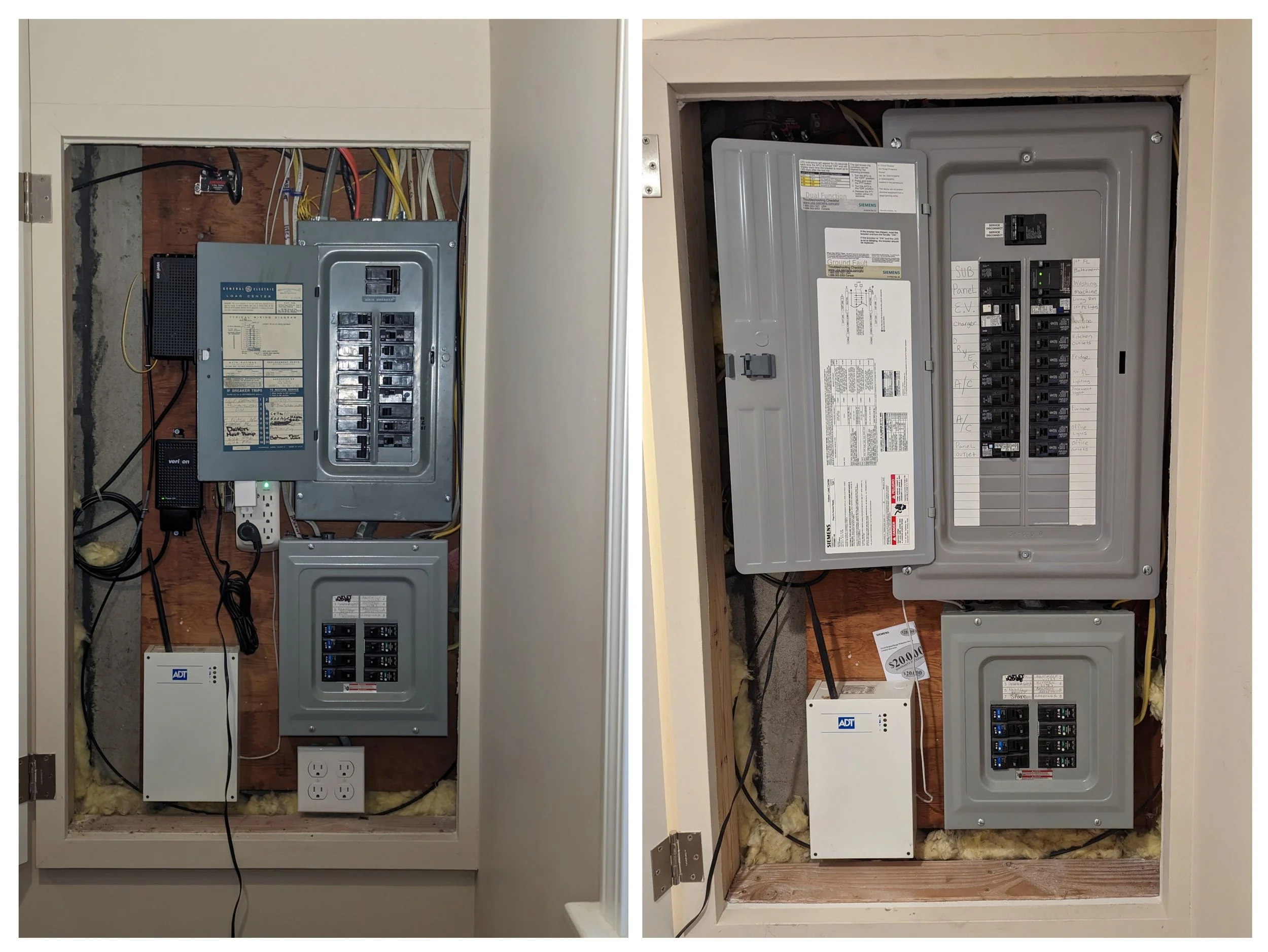 Comparison of two electrical breaker panels, one with the cover removed showing wiring and components, the other with the cover on.