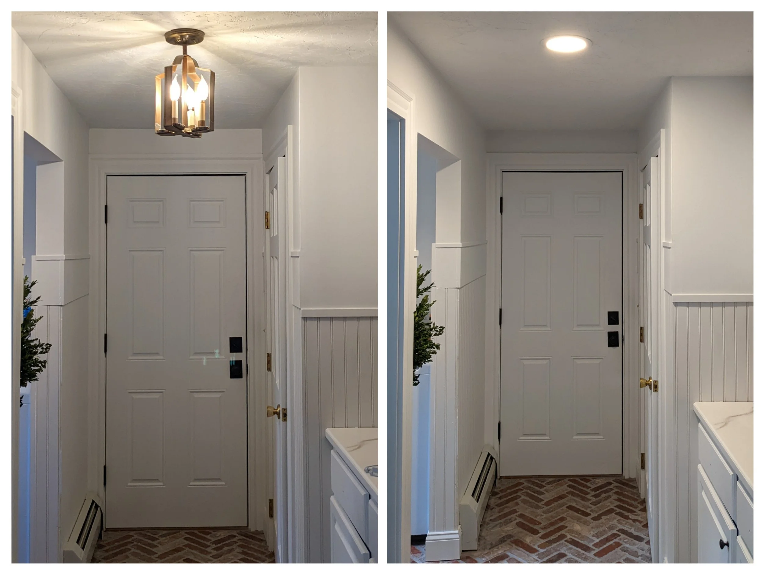 Side-by-side comparison of a hallway door area before and after painting. The left image shows the space with a ceiling light fixture, white walls, and what appears to be beige or light wood flooring. The right image shows the same hallway after repa