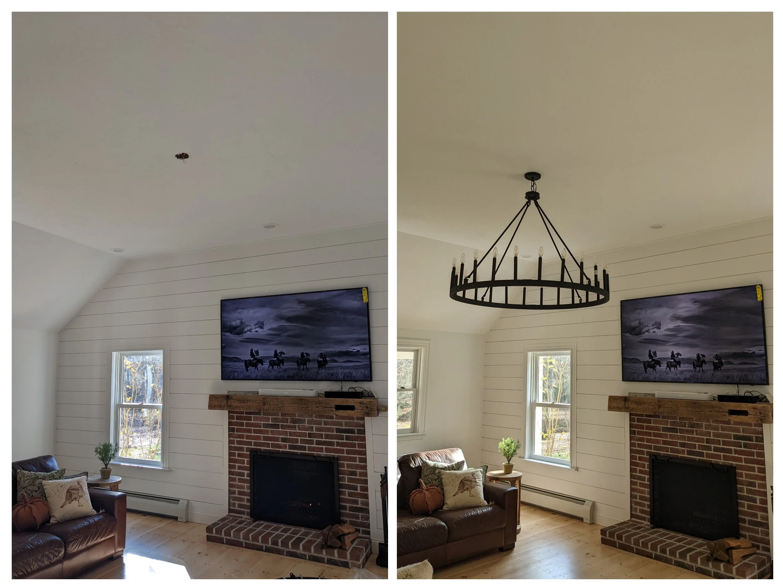 Comparison of a living room before and after installing a black metal chandelier over a brick fireplace mantel, with a large television mounted on a white shiplap wall and a brown leather sofa.