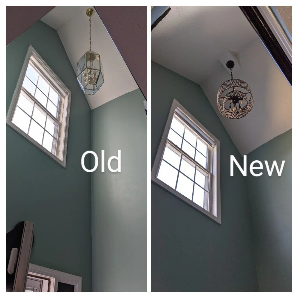 Side-by-side comparison of two ceiling light fixtures. The left image shows an old, geometric glass pendant light, while the right image shows a new, modern spherical light fixture with a mesh design. Both lights are installed near a window with ligh