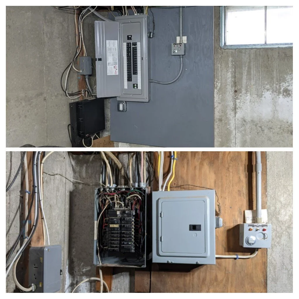 Two images showing electrical panels and wiring inside a basement or utility room. The first image features a closed breaker box on a gray painted wall, with a smaller black device nearby. The second image displays an open breaker panel with multiple