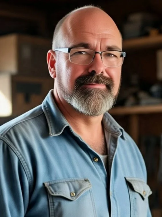 A middle-aged man with glasses, a gray beard, and a mustache, wearing a light blue denim shirt, standing indoors with a blurred background.