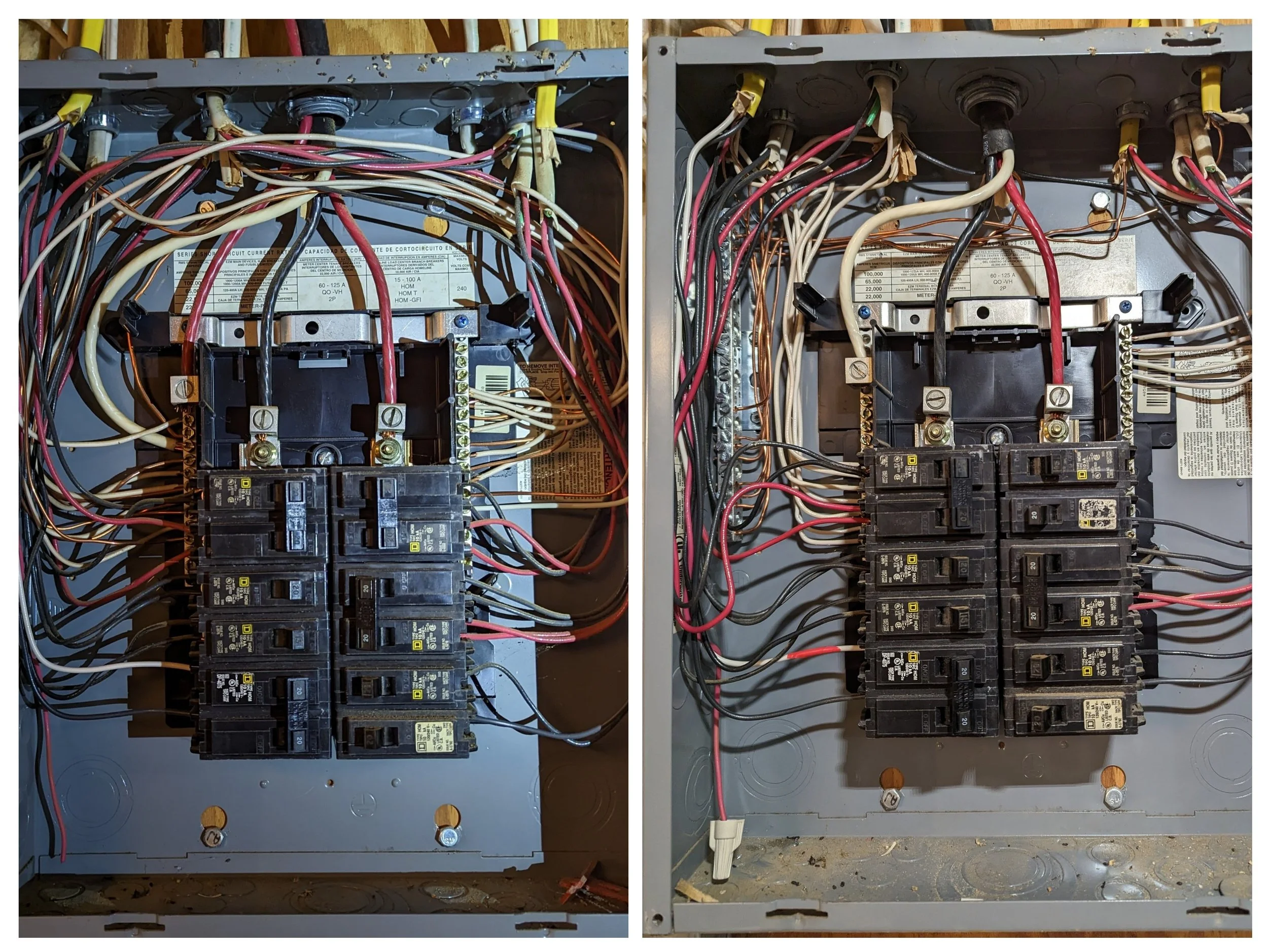 Open electrical panels showing circuit breakers and wiring.