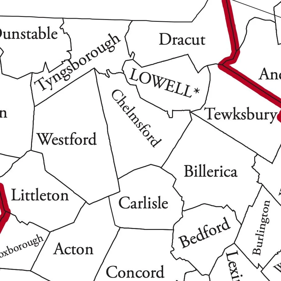 Map showing towns and counties in Vermont, including Lowell, Tyngsborough, Chelmsford, Westford, Littleton, Acton, Carlisle, Bedford, and Burlington.