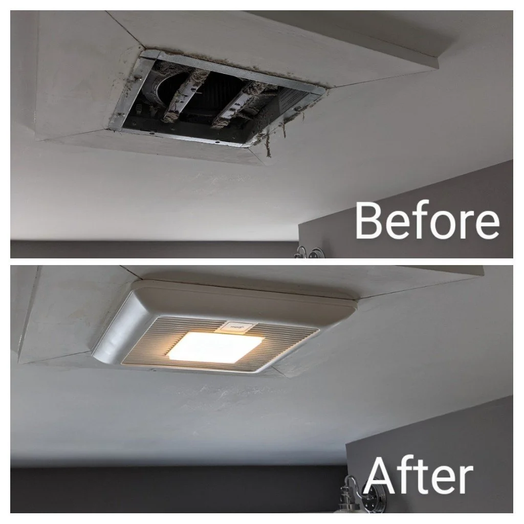 A ceiling light fixture is shown in two photos, labeled 'Before' and 'After.' The 'Before' image shows an old, removed ceiling light with exposed wiring and fixtures. The 'After' image shows a modern, installed ceiling light with a sleek, rectangular
