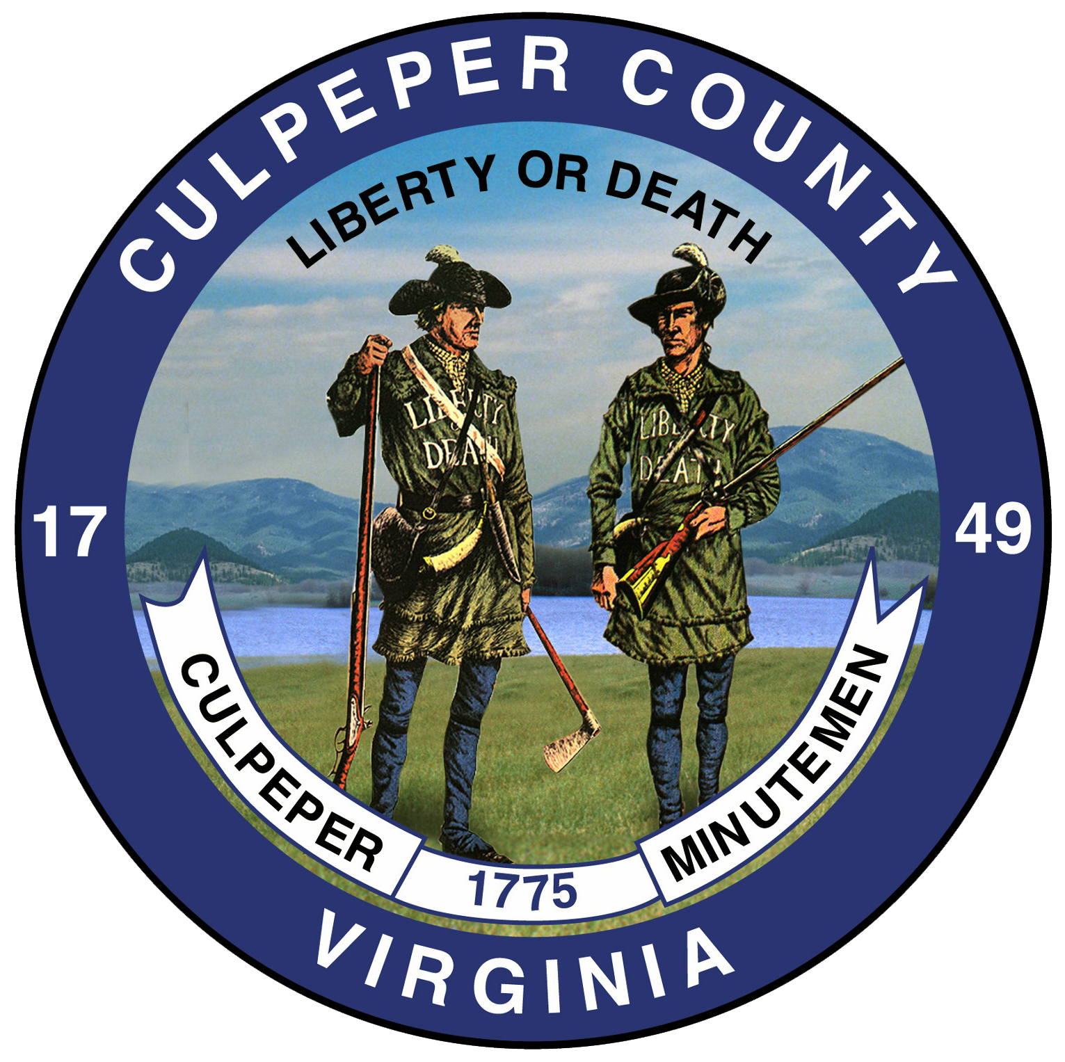 The emblem of Culpeper County, Virginia, featuring two historical soldiers in front of a landscape with mountains, lake, and grass, with text about liberty and death, and the county's founding year, 1775.