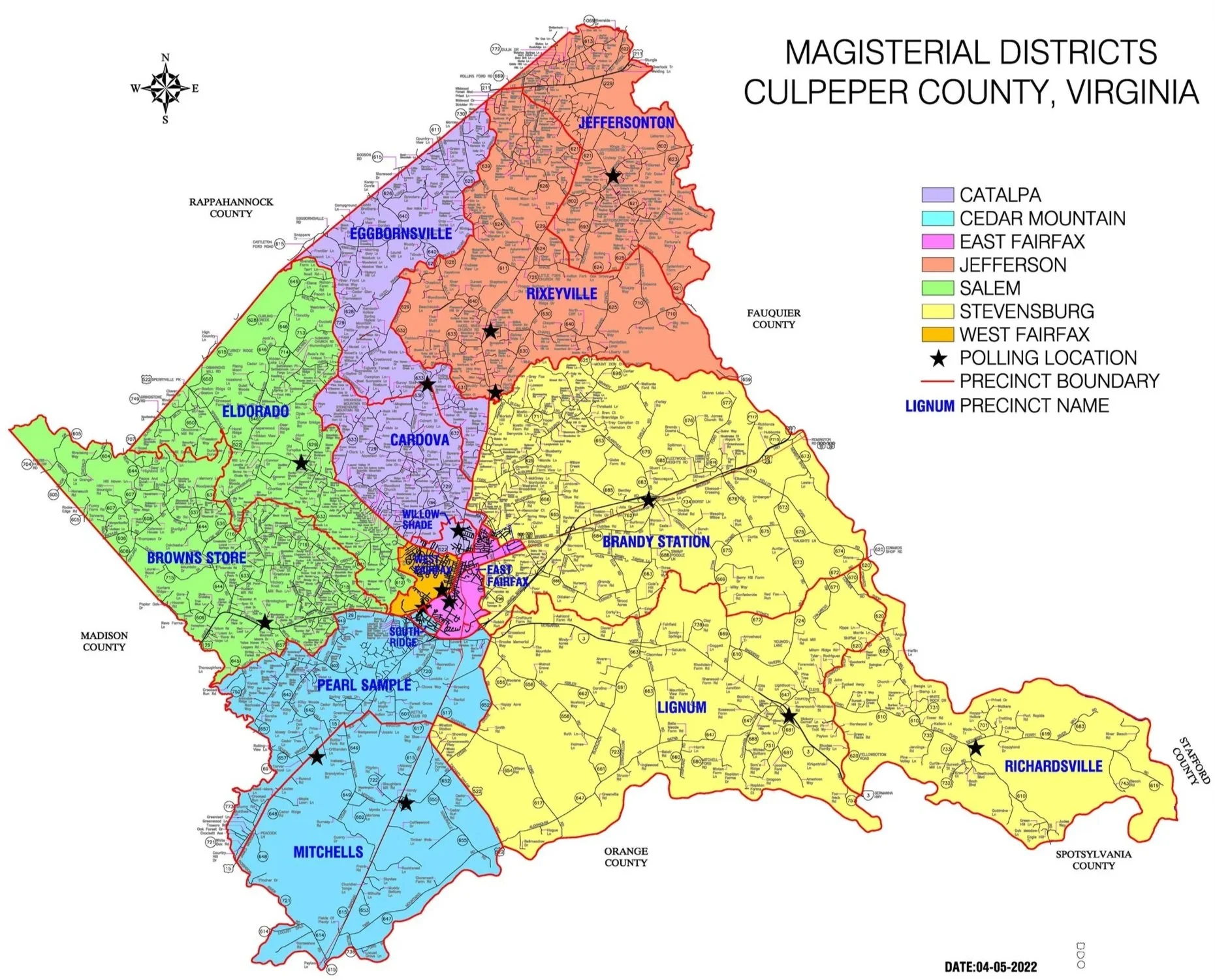 Map of Culpeper County, Virginia displaying magistrate districts with color coding, precinct boundaries, polling locations marked with stars, and precinct names labeled in blue and purple, with a compass in the top left corner and a dated legend at the bottom right.