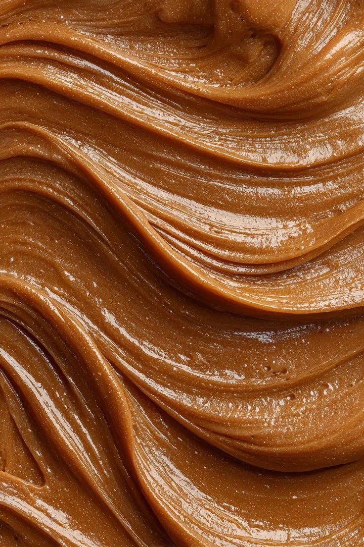 Close-up of smooth, glossy caramel sauce or caramel spread with wavy texture.