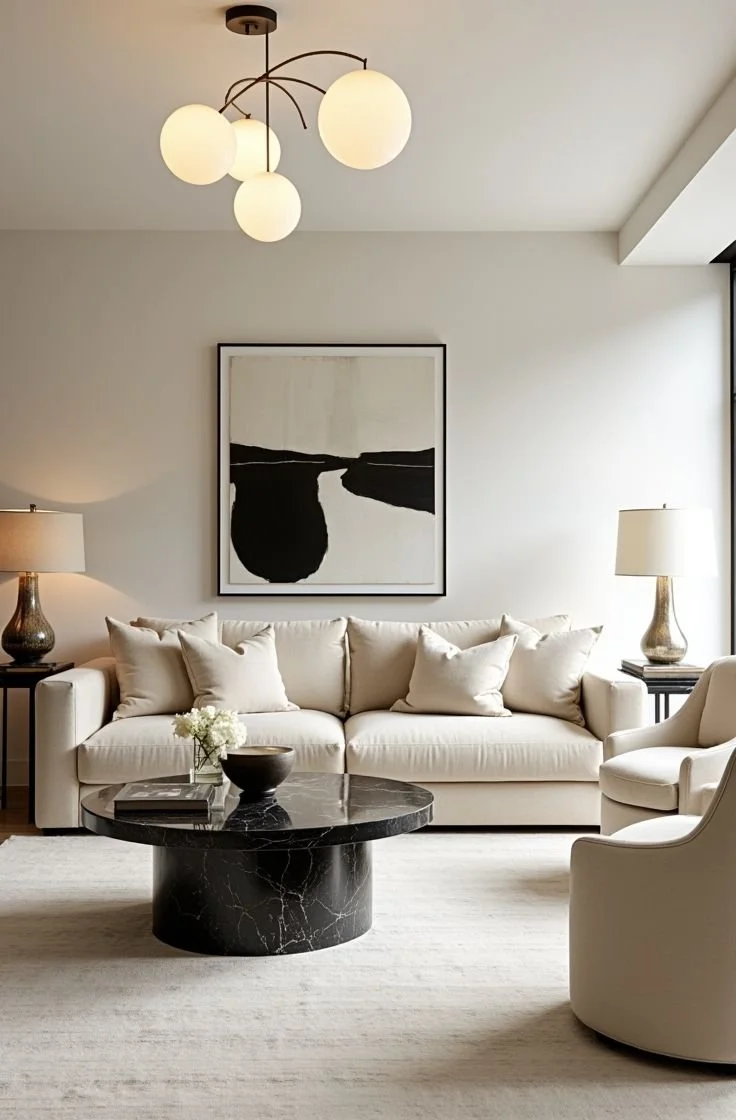 Modern living room with a beige sofa, armchair, black marble coffee table, two table lamps, abstract black and white artwork, and a chandelier with round white globes.