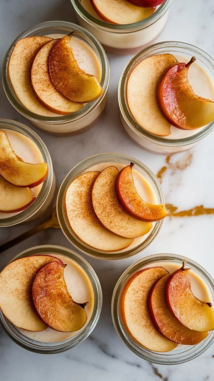 Small glass jars filled with creamy dessert topped with sliced red and yellow apples and a sprinkle of cinnamon.