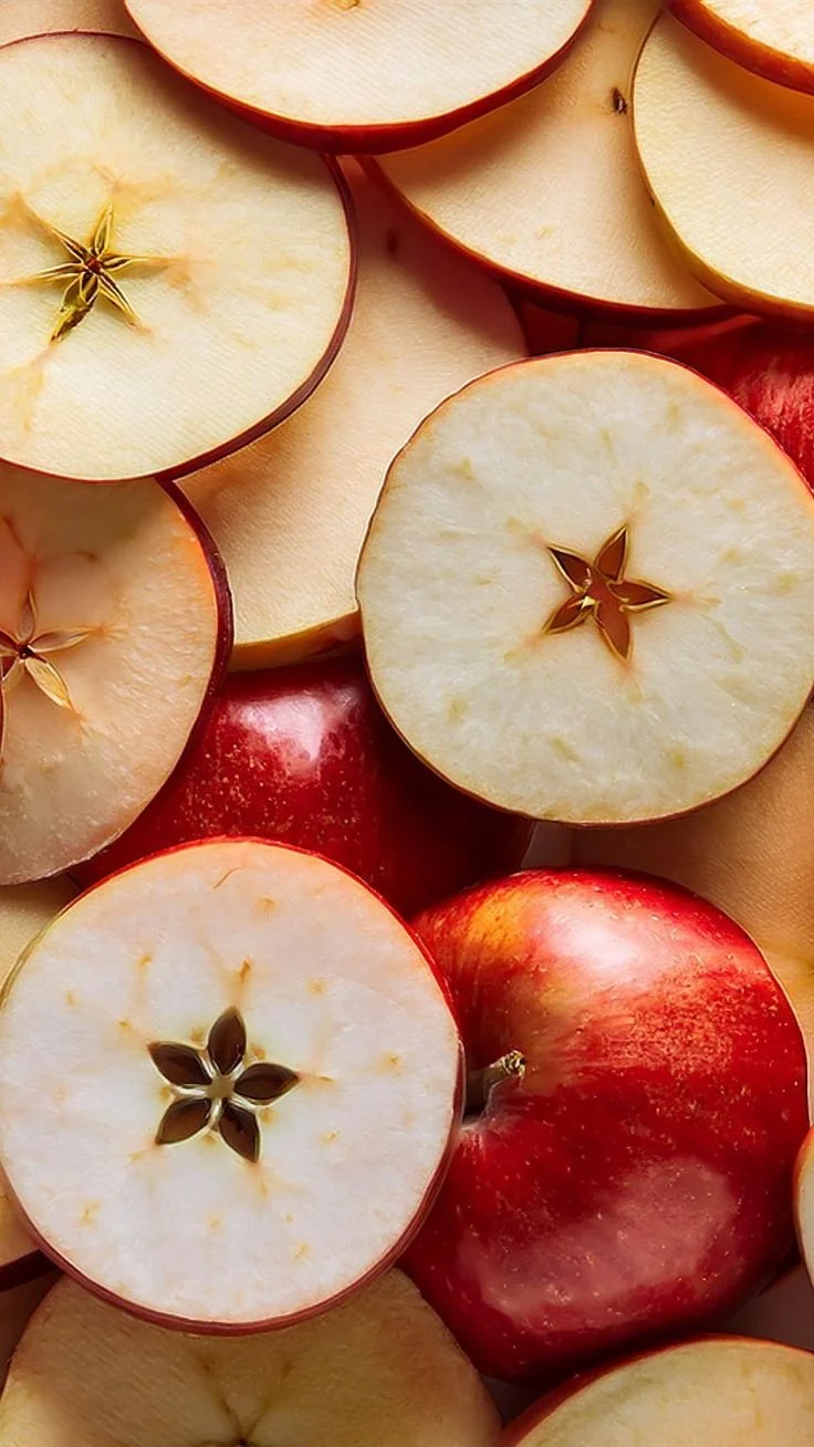 Close-up of sliced red apples with star-shaped cores.