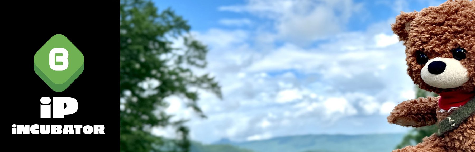 A teddy bear with curly brown fur, black eyes, and a white snout, wearing a red scarf and a green strap, sitting outdoors with a blue sky, white clouds, and green trees in the background.