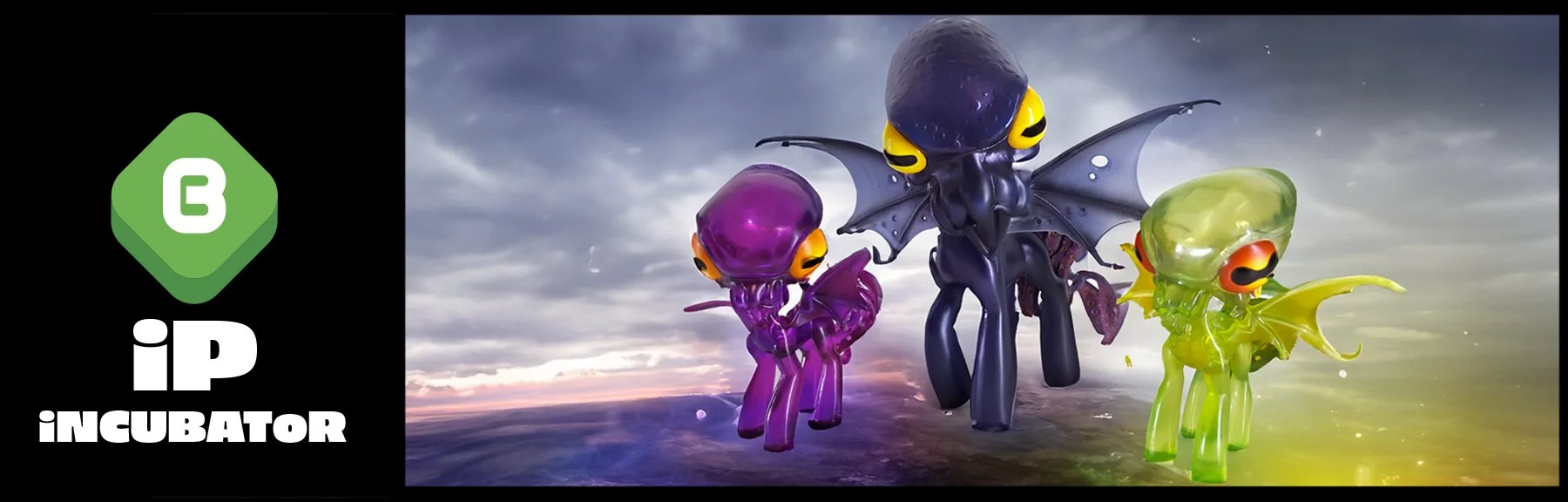 Colorful cartoonish flying bugs with wings and large eyes in a fantasy sky background.