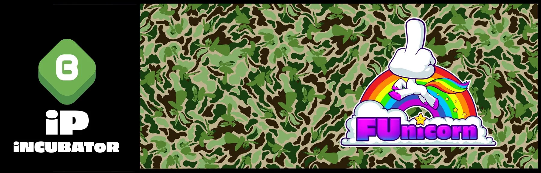 A colorful cartoon unicorn with a rainbow and a cloud, with the text 'FUnicorn' beneath it, placed on a background resembling a camouflage pattern of green, brown, and tan leaves.