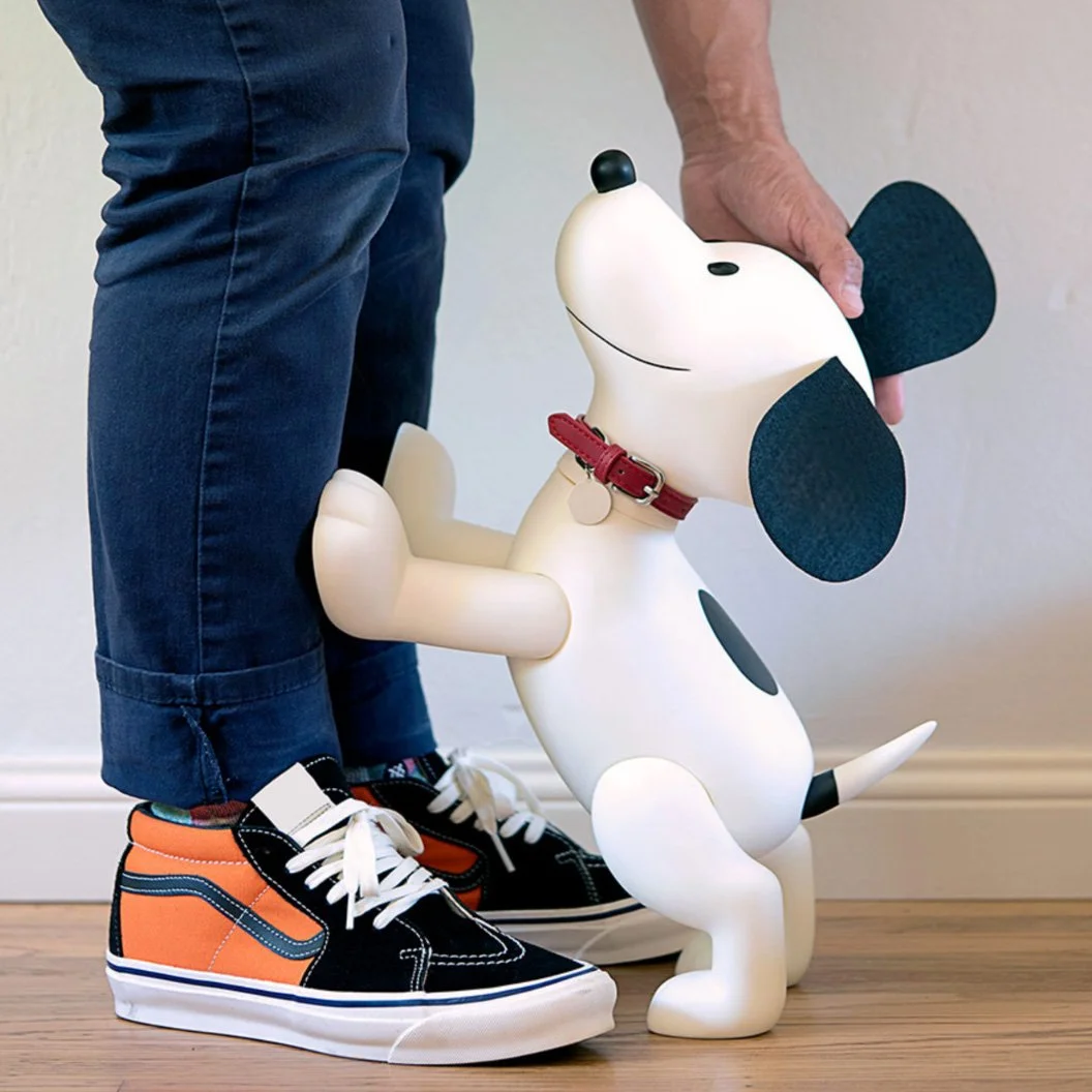 Child in blue jeans with colorful sneakers holds a robotic dog on a wooden floor, which is standing on its hind legs and holding the child's hand.