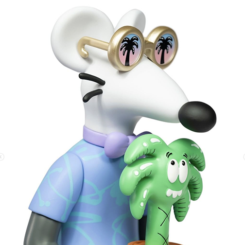 A figurine of a cartoon dog wearing sunglasses with palm tree reflections, a purple bow tie, a blue shirt, and holding a green cactus with a smiling face.