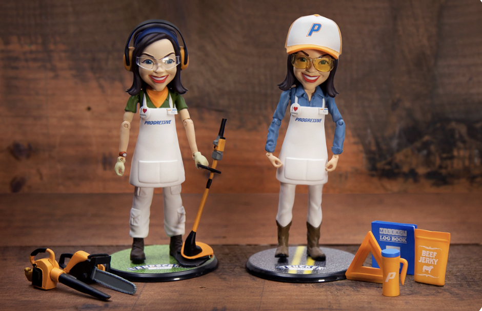 Two figurines of women in work uniforms, one with headphones, the other with a baseball cap, standing on wooden surfaces with gardening tools, a log book, and beef jerky packed on the table.