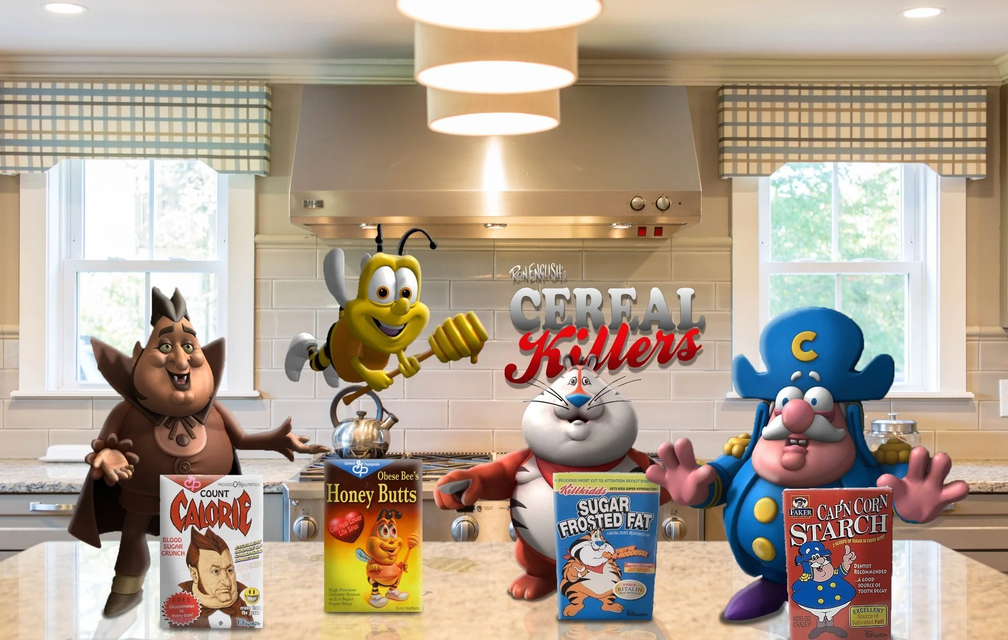 Animated characters from cereal boxes standing in a kitchen with a stove and windows, with the title "Cereal Killers" in the background.