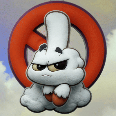 A cartoon bunny with an angry expression, holding an orange egg, in front of a red prohibited sign.