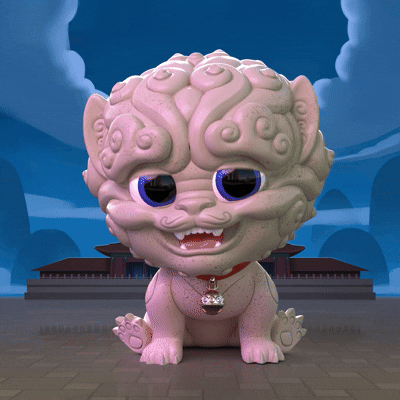 Cartoon creature with a lion-like face and curly hair, sitting in front of a traditional building with a cloudy sky backdrop.