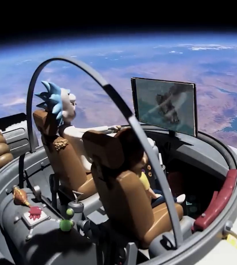 Animated spaceship cockpit with Sonic the Hedgehog and a girl seated, looking at a screen, with Earth visible outside.