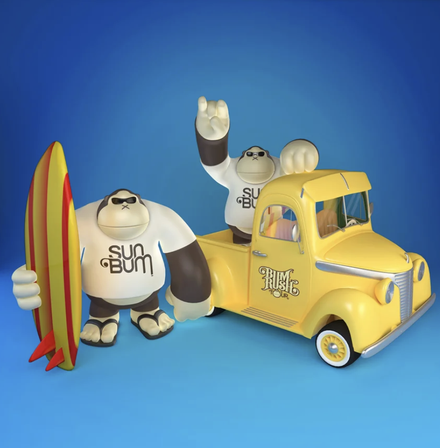 Two cartoon-like bear figures wearing sunglasses with 'Sun Bum' logo, one standing with a surfboard and the other waving from a yellow truck with 'Bum Rush Tour' logo, against a blue background.