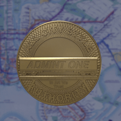 A gold-colored coin-shaped badge with the words "ADMIN ONE" and "OPERATIONS" inscribed on it, placed on a map background.