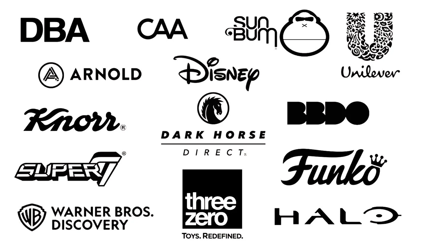 A collage of various black-and-white logos of well-known brands and companies including DCA, Sun Bum, Unilever, Arnold, Disney, Knorr, Dark Horse, BDP, Super7, Funko, Warner Bros. Discovery, Three Zero, Halo, and others.
