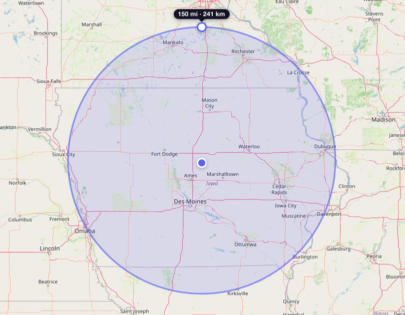 Map showing a circular range centered over Des Moines, Iowa, with a radius of 150 miles or 241 kilometers, covering parts of Iowa, Minnesota, Wisconsin, Illinois, Missouri, Nebraska, South Dakota, and Kansas.