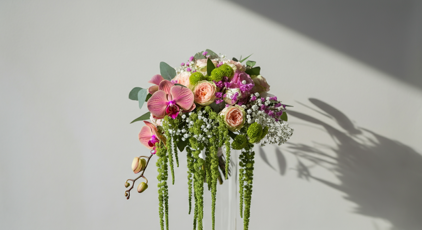 A floral arrangement in a white vase with pink orchids, peach roses, green berries, baby's breath, and greenery, casting a shadow on the light-colored background.
