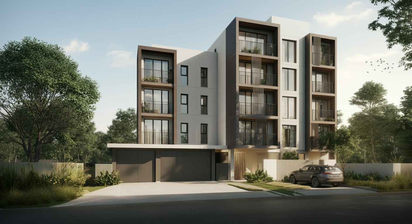 Modern multi-story apartment building with balconies, surrounded by trees and a driveway with cars parked in front.