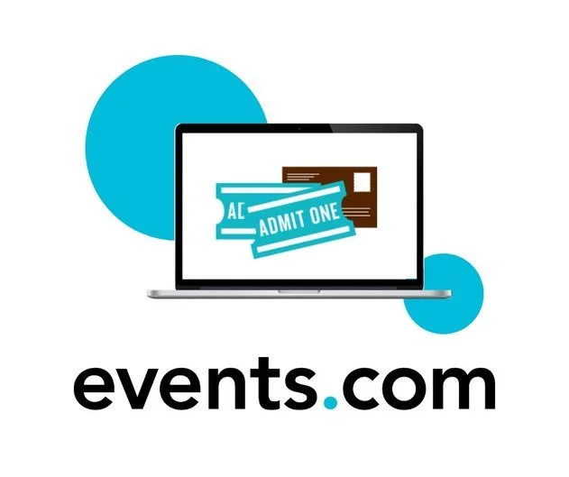 Website logo for events.com featuring digital tickets and a laptop.