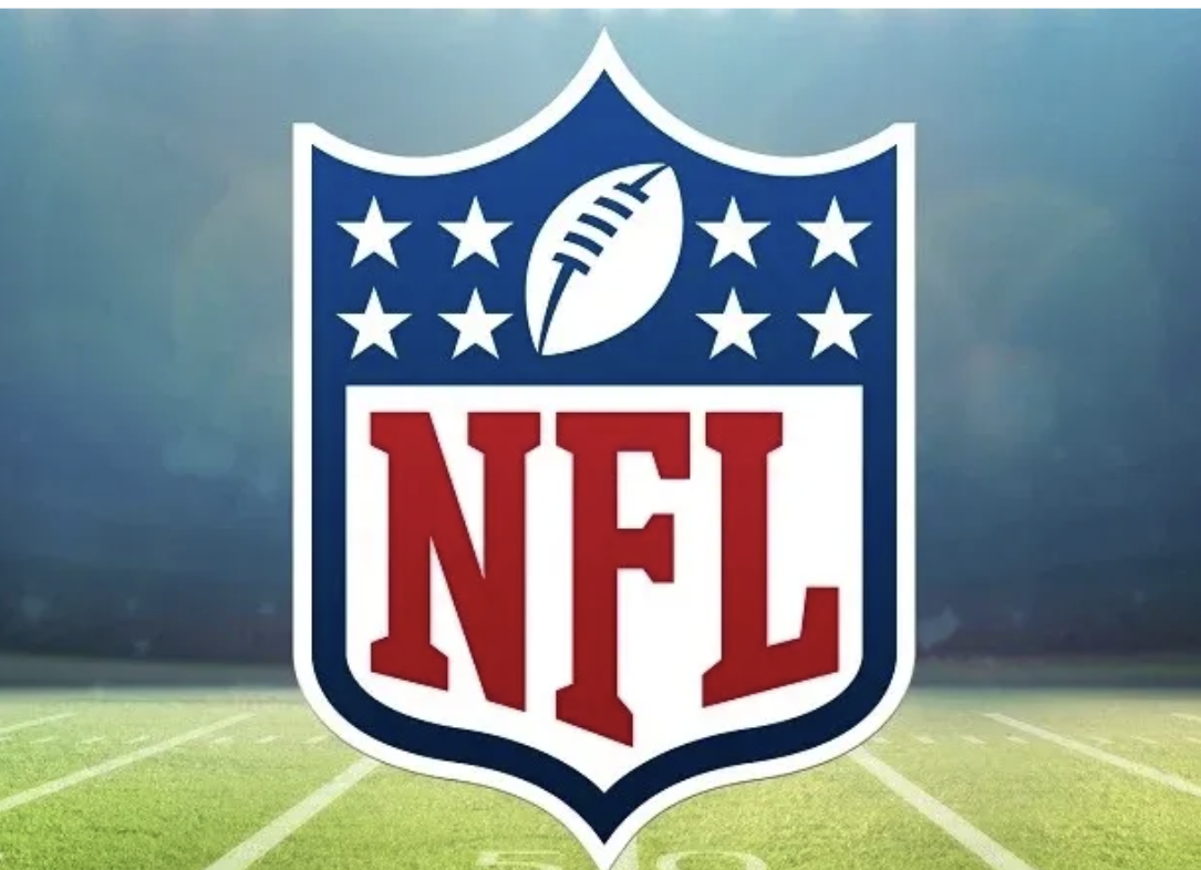NFL logo with a football, stars, and the text 'NFL' on a football field background.
