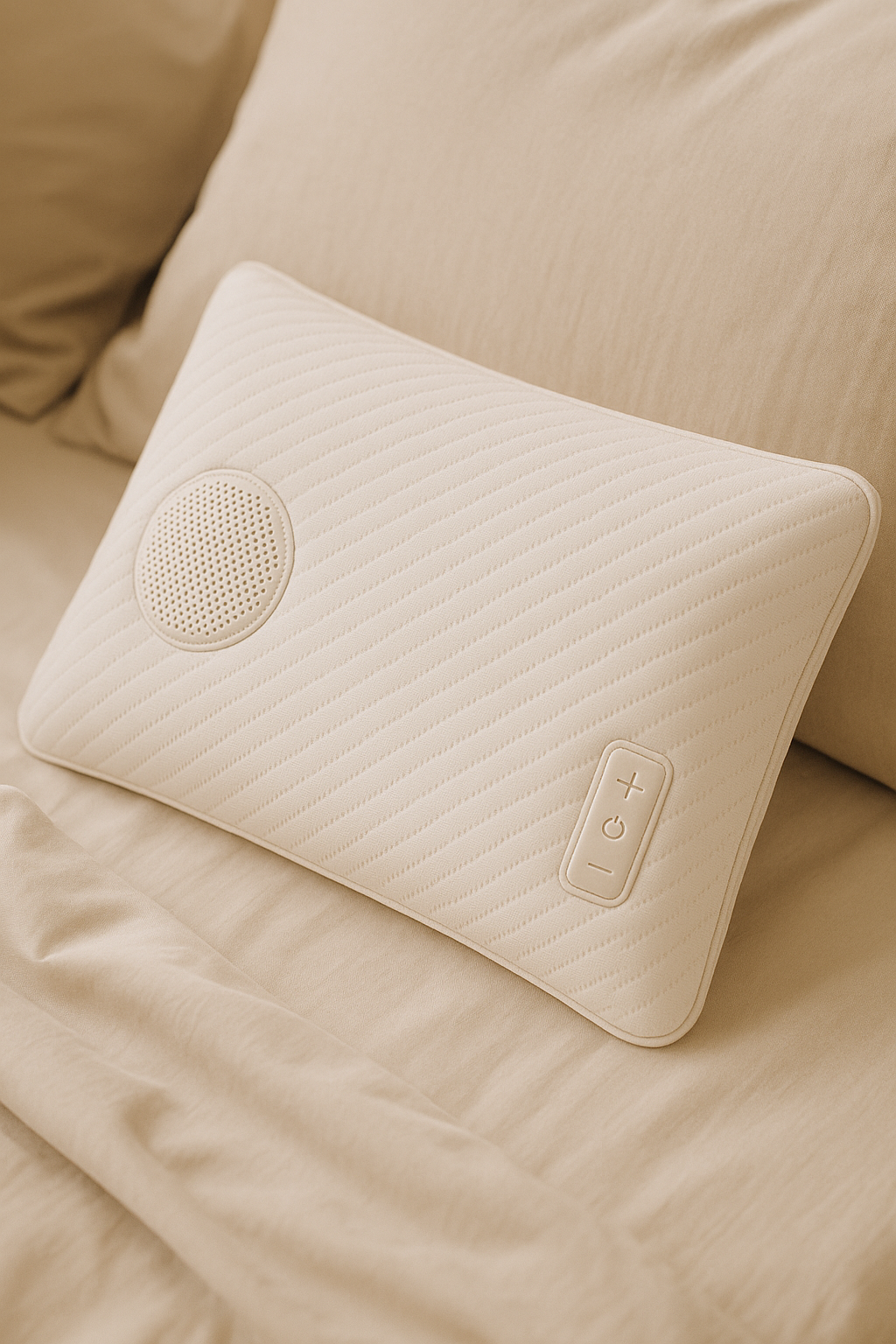Beige portable speaker with control buttons resting on a bed with beige bedding.