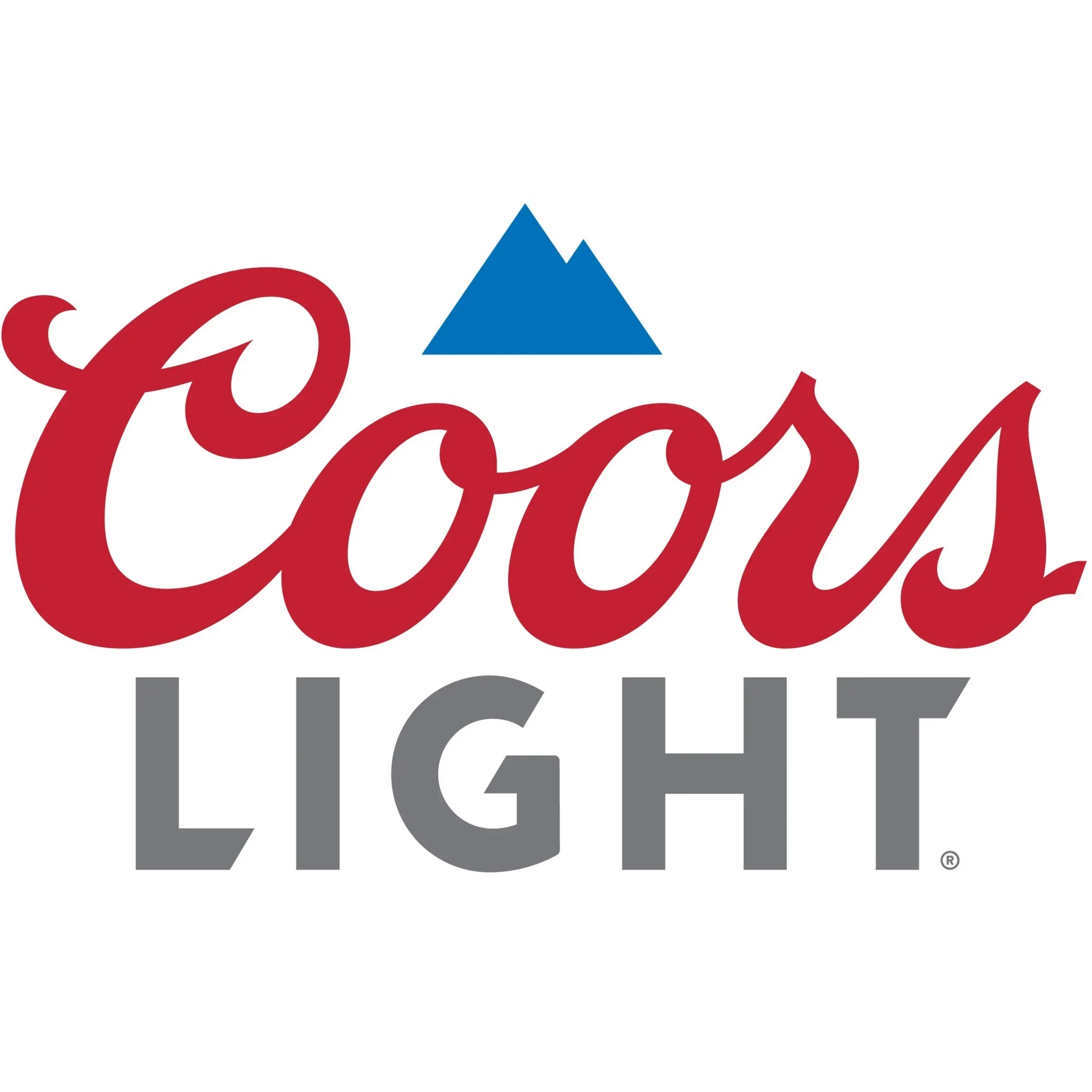 Coors Light logo with red cursive text, blue mountain graphic, and gray block text.