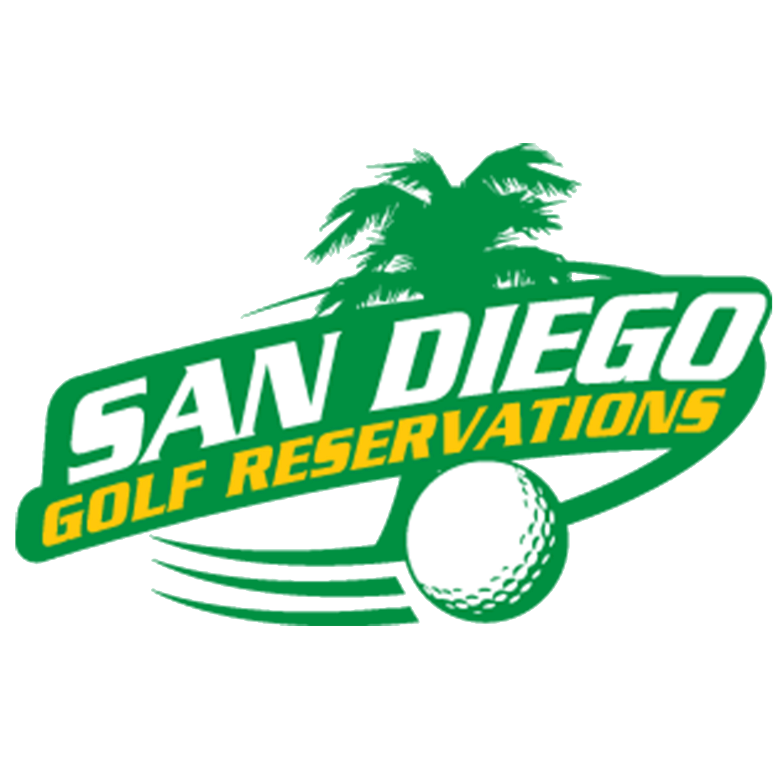 Logo for San Diego Golf Reservations featuring a palm tree, a golf ball, and curved golf course lines in green, white, and yellow.