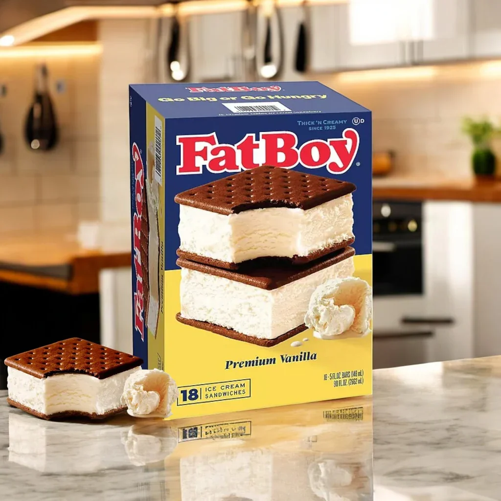 A box of Fat Boy Premium Vanilla ice cream sandwiches on a kitchen countertop, with a single ice cream sandwich and a scoop of vanilla ice cream in front of the box.
