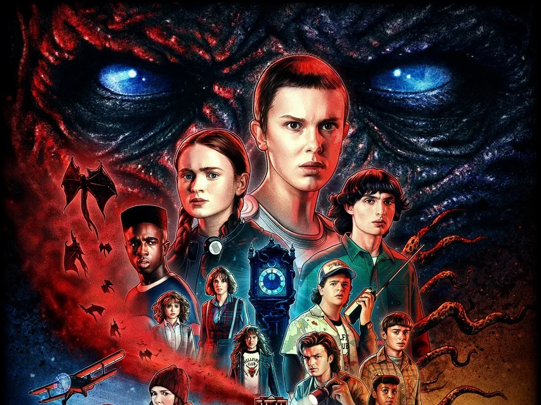 Stranger Things TV series poster featuring main characters Eleven, Max, and Dustin, with demogorgon monster in background.