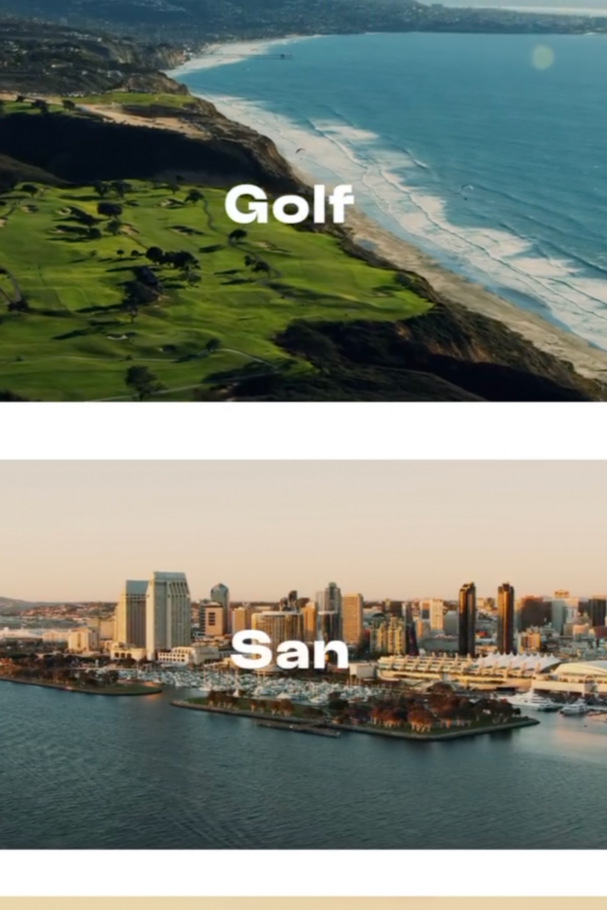 Two images, the top showing a golf course along the coast with green fairways and the ocean, and the bottom showing the city skyline of San Diego with tall buildings and Harbor.