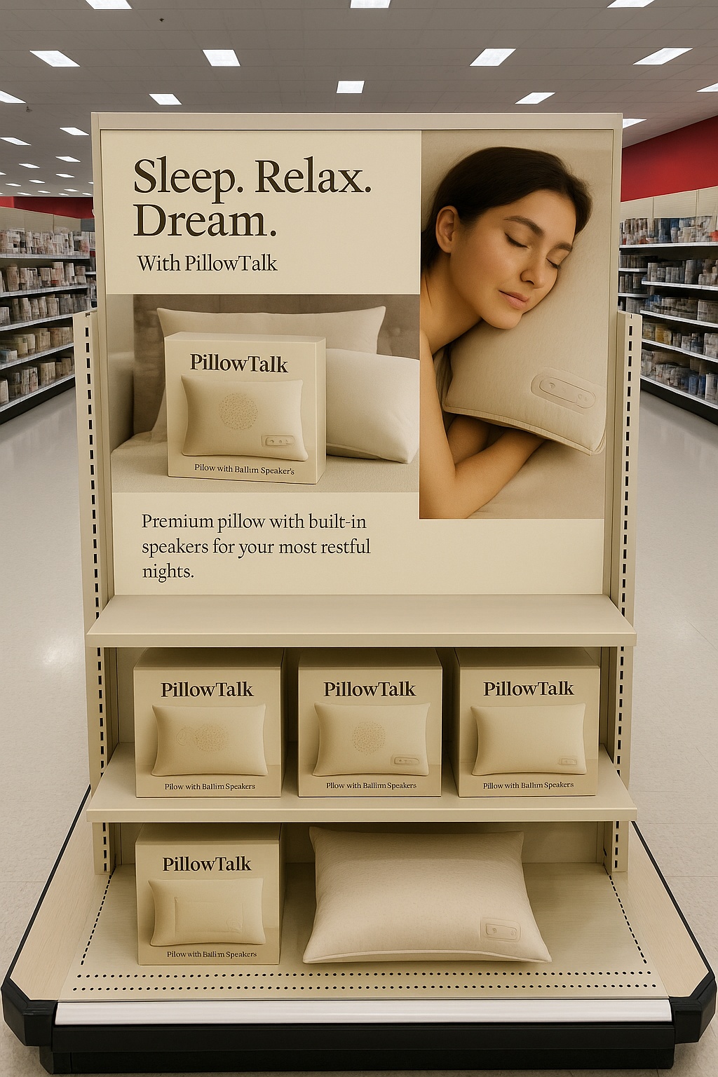 Display of pillow with built-in speakers, named PillowTalk, featuring a woman resting her head on it with eyes closed in a store aisle.