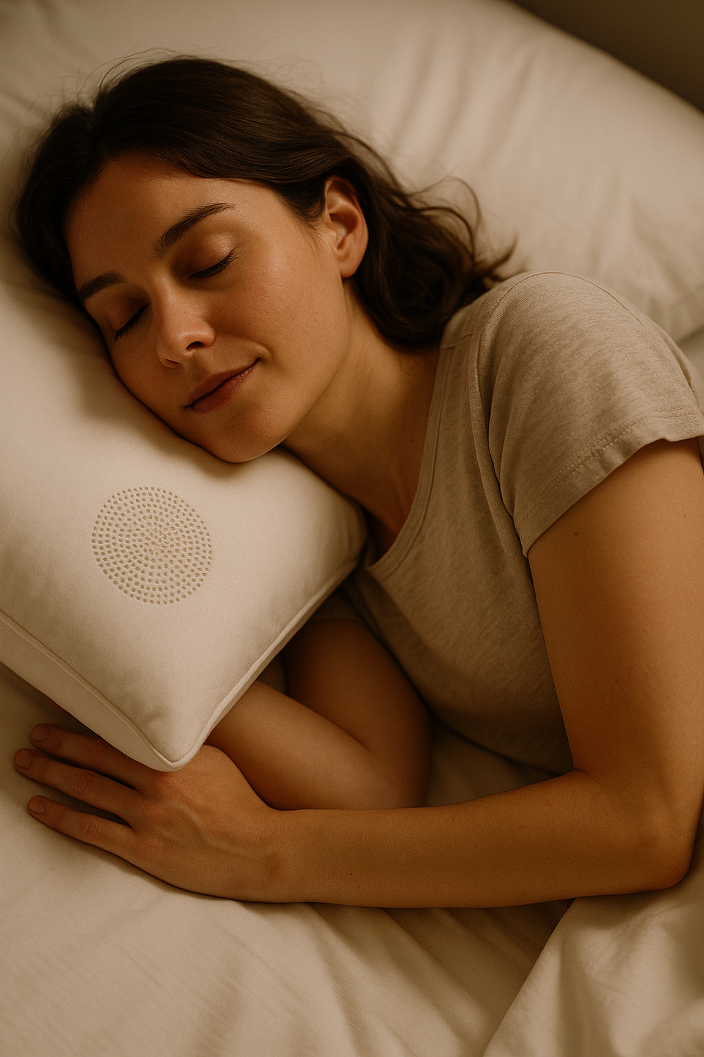 A woman with brown hair sleeping peacefully with her head resting on a pillow, in a beige shirt, in a cozy bedroom.