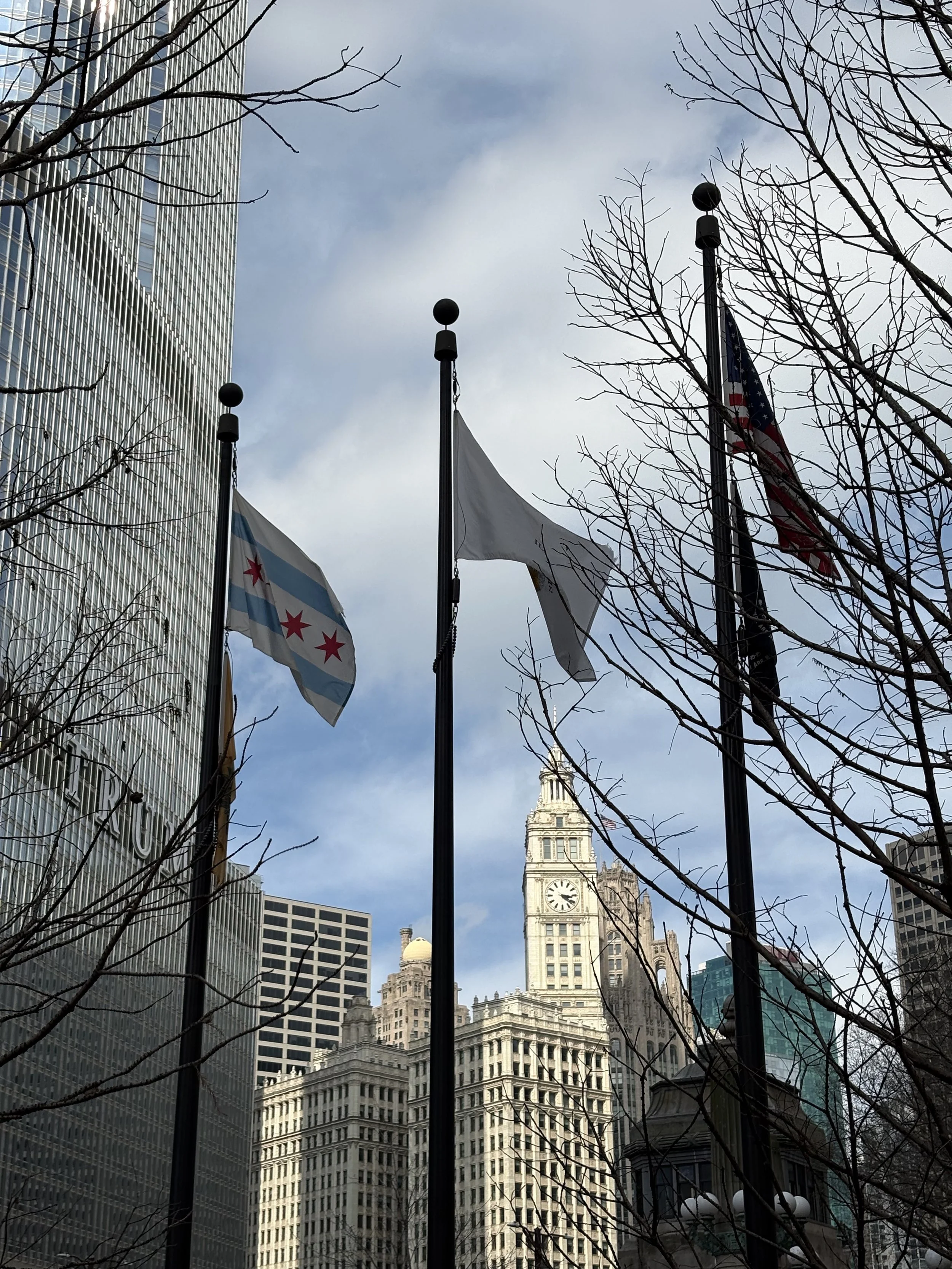 Trump Tower, Chicago Flag, Illinois Flag, USA Flag