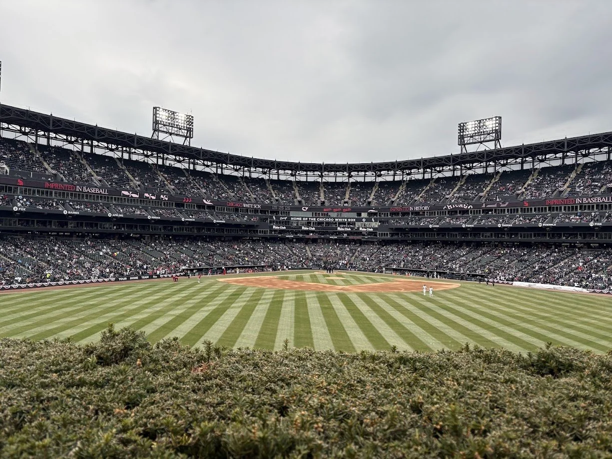 Baseball stadium filled with spectators during a game, view from behind the field, over bushes in the foreground, cloudy sky.