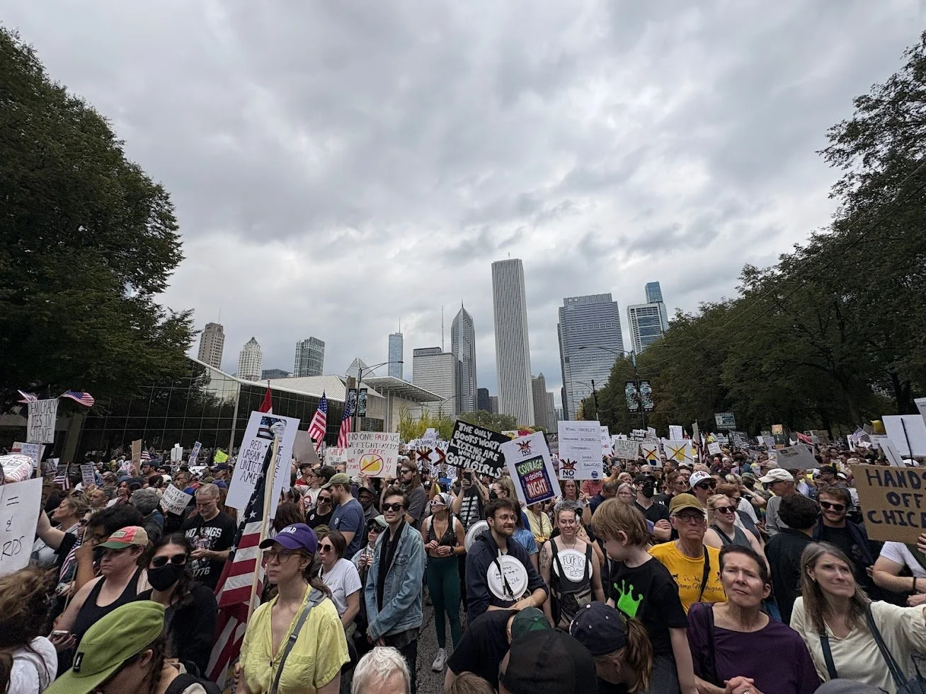 Crowd of protesters holding signs and American flags in an urban park with a city skyline in the background on a cloudy day.