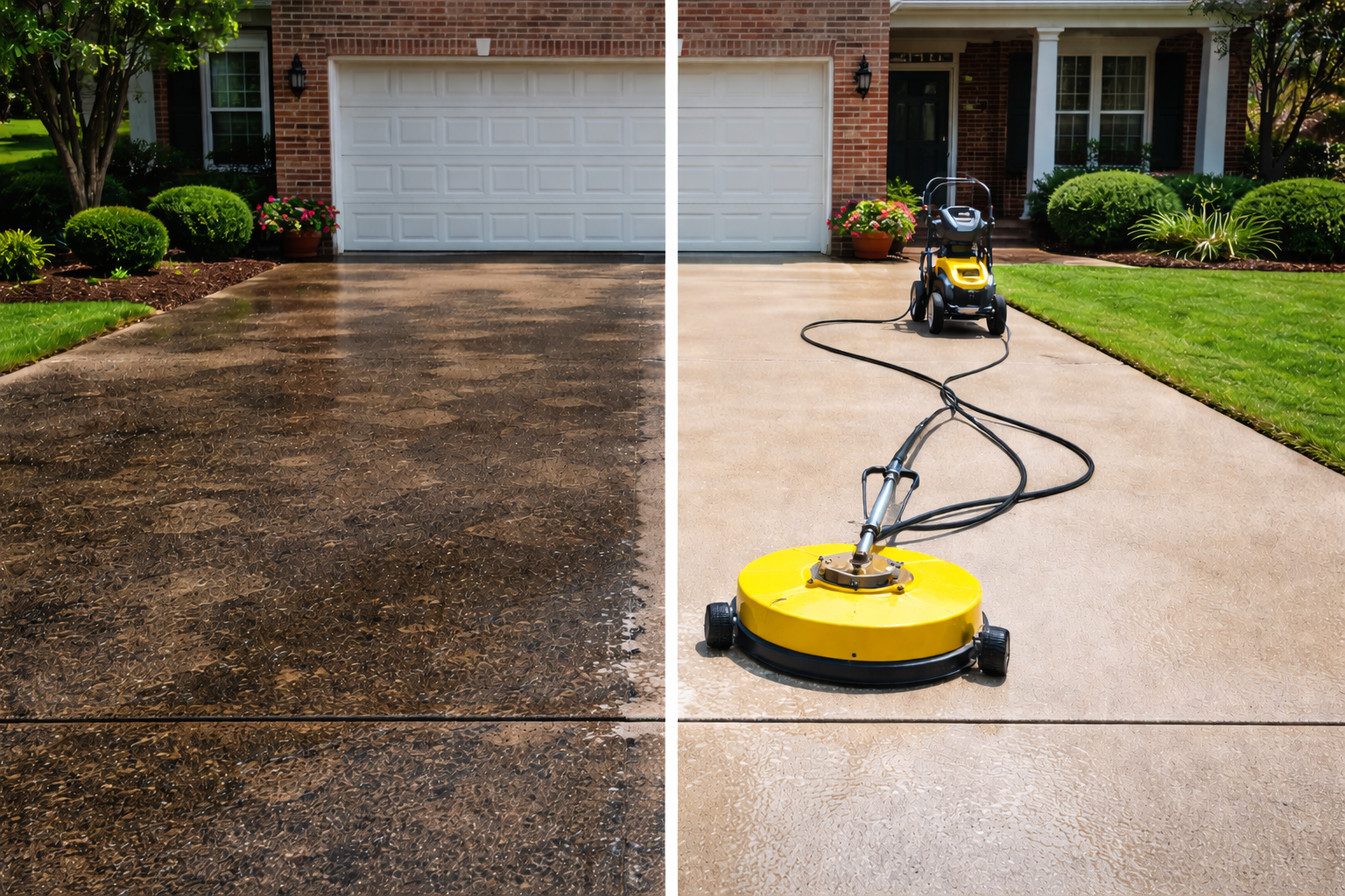 Side by side comparison of a driveway being cleaned, showing the dirty, stained side on the left and the clean, bright side on the right with a pressure washing machine.