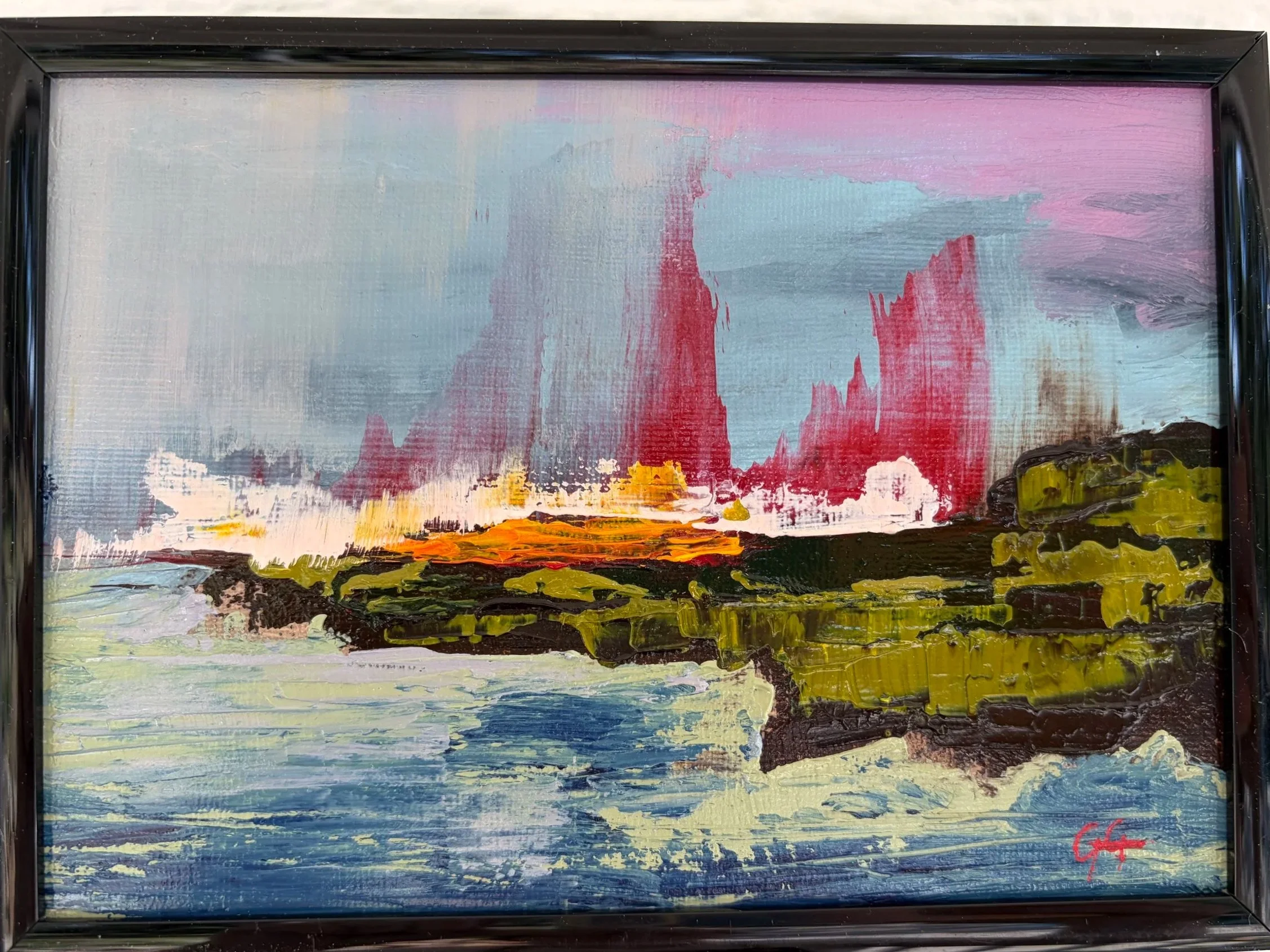 Abstract landscape painting with a sky in shades of pink, blue, and gray, a body of water in the foreground with blue and yellow hues, and green and dark brown land formations along the shoreline.